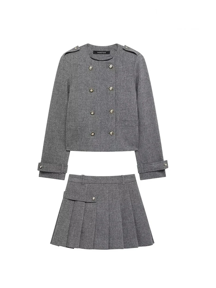 

TRAF Women's Fashion 2024 Fall/Winter Elegant Simple Long Sleeve Round Collar Double Breasted Jacket + Pleated Short Skirt Set