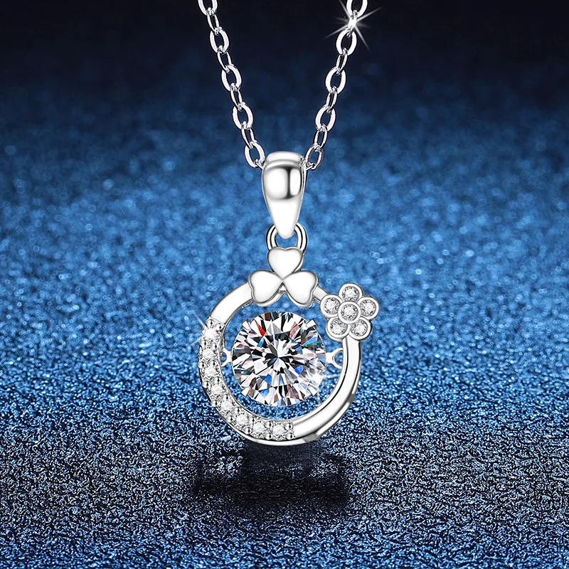 D color moissanite necklace pendant light luxury flower smart 1 carat moissanite silver necklace platinum PT950 mark