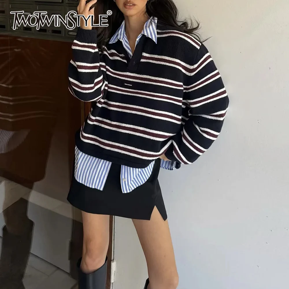 

TWOTWINSTYLE Striped Print Preppy Style Pullover for Women Polo Collar Long Sleeve American Retro Sweater Female Fashion Clothes
