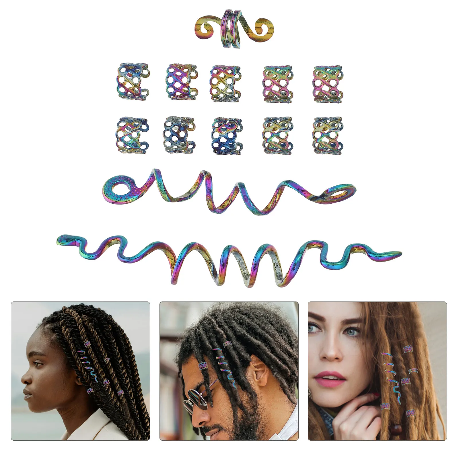 1Set Vintage Hair Clips Dreadlock Hair Jewelry for Braids Metal Braid Rings Spirals Cuffs Braiding Accessories Festival Gift Set