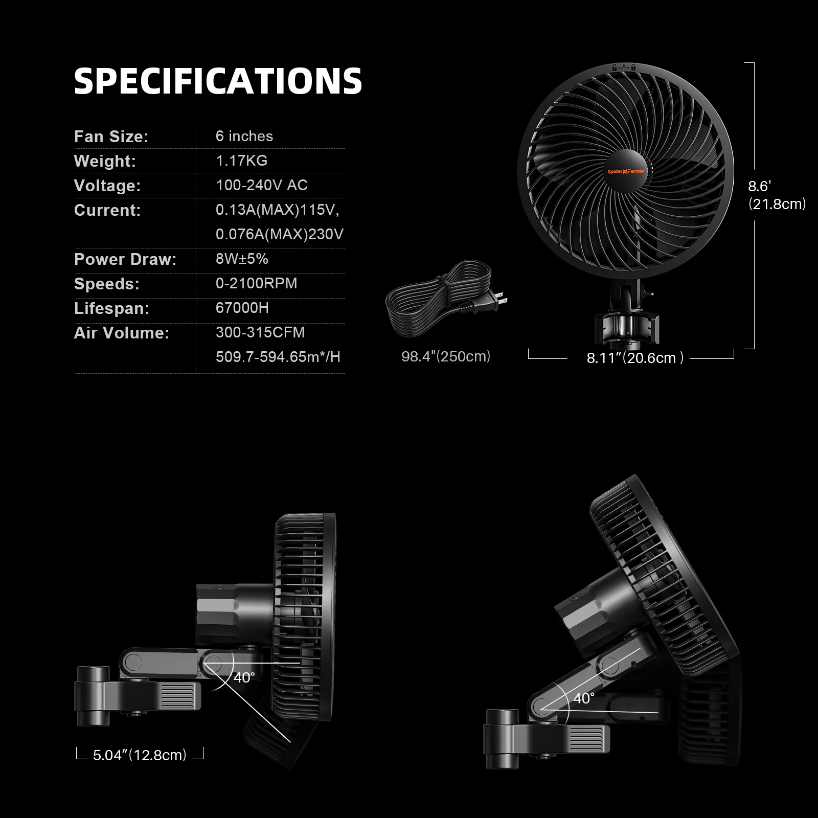 

Spider Farmer 6" Grow Tent Clip on Fan EC Motor, APP Wifi, 10-Level Speeds Wind Control Wide-Angle Oscillation, Waterproof IP54