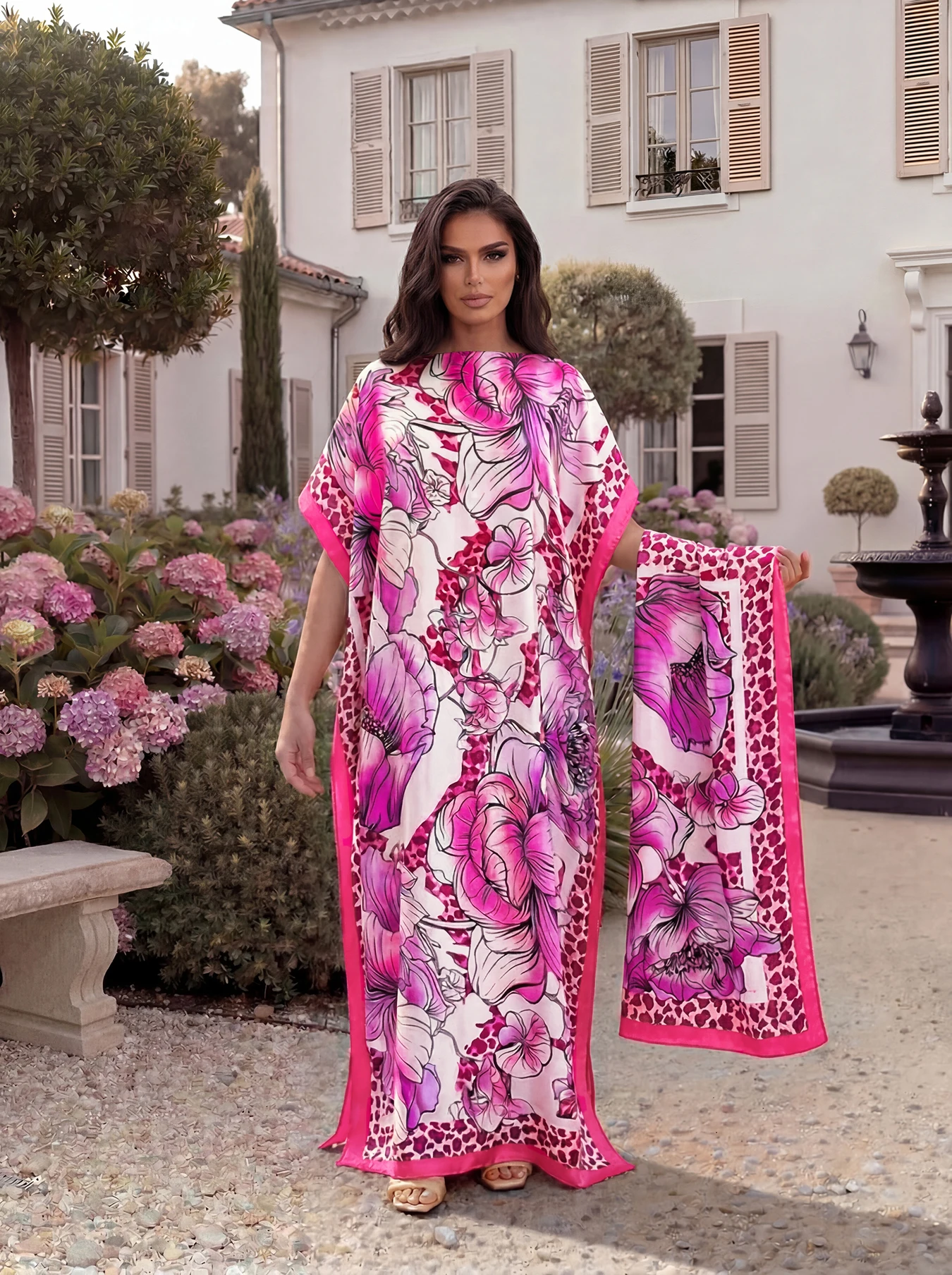 Tropical Floral Leopard Print Satin Abaya Scarf Set, Loose Batwing Maxi Kaftan For Muslim Women Summer Beach Vacation Wear view 3
