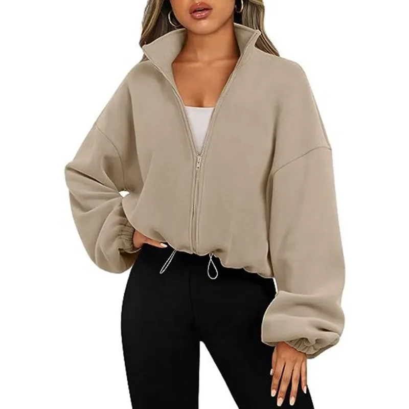 

Autumn Women's Fashion Collar Coat Solid Color Polar Fleece Warm Long Sleeve Zipper Sweatshirt Short Cardigan Coat Street Wear