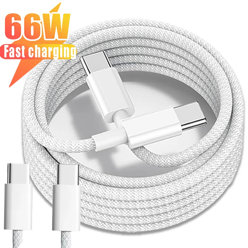 PD66W 1/1.5/2M USB C Super Fast Charging Cable Type C Charge Nylon Braided Wire Charge Power Cord for IPhone 15 Samsung Xiaomi