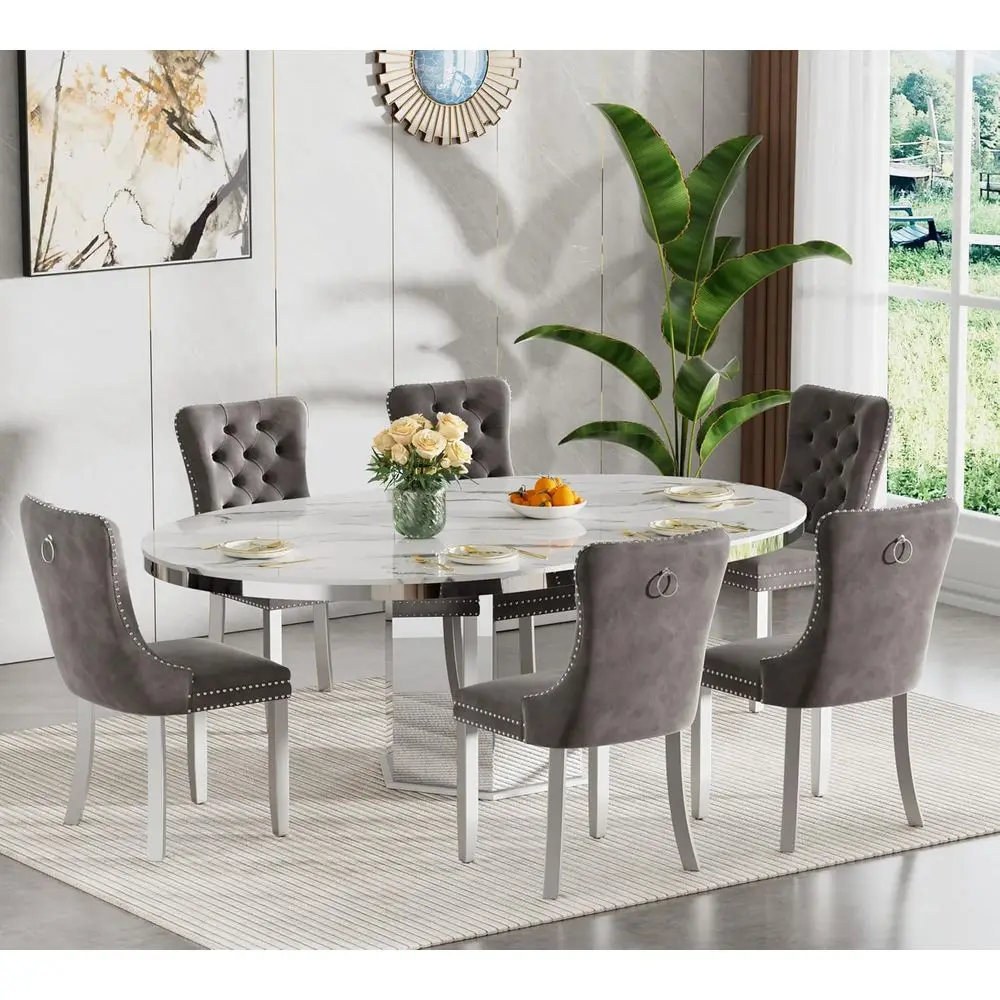 

63 Expandable Marble Dining Table Set for 6-7 with Grey Tufted Chairs and Oval White Table Option