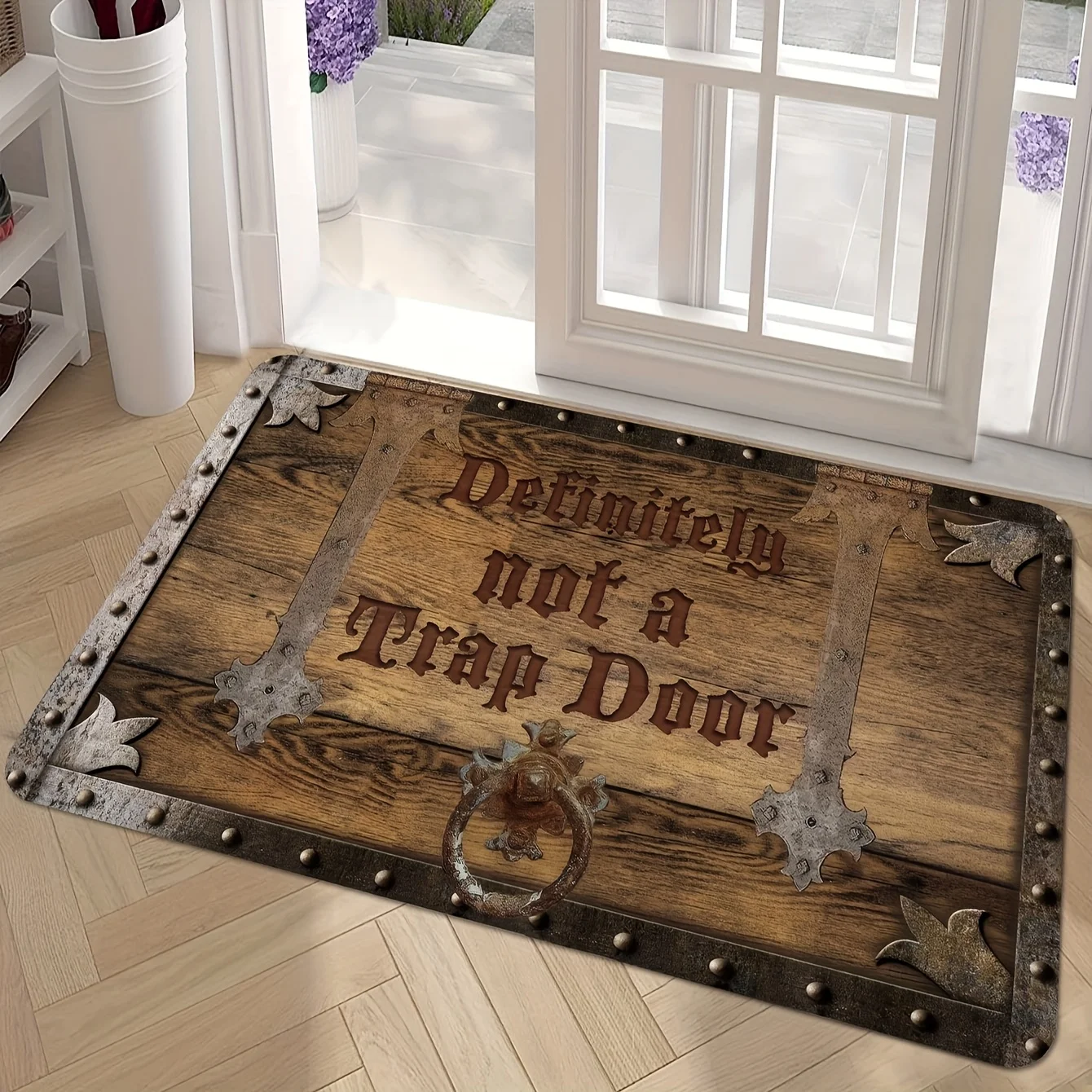 1 "Definitely Not a Trap Door" Welcome Door Mat, Polyester Non-Slip Rug, Suitable for Indoor and Outdoor Entrances