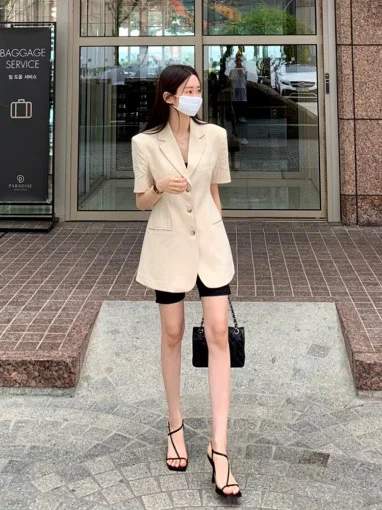 Chaqueta de Traje E de Manga Corta para Mujer, Estilo Veraniego, Entallada, de Alta Gama, Única, Rejuvenecedora y Vers...