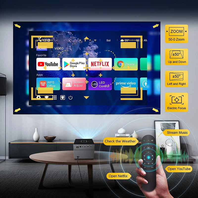 XNANO-Projetor portátil de filme inteligente, controle remoto por voz, iluminação LED, BT 5.0, aplicativo integrado, 300ANSI, 8K, 4K, Wi-Fi, 5G
