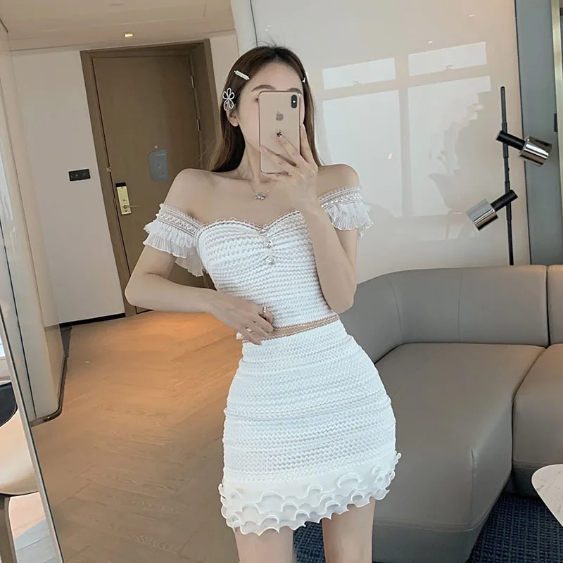 Diamonds Lace Zipper White Sling Vest Women Top Sexy Sweet Edible Tree Fungus Ruffle Bud Skirt 2 Piece Set Outfit Summer Clothes