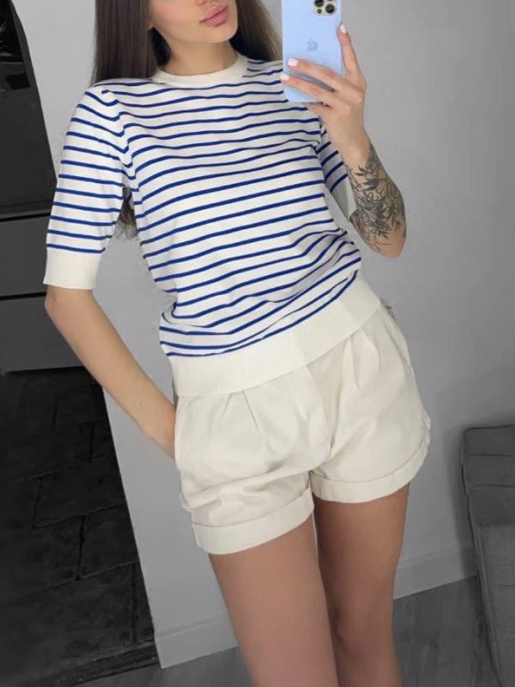 HLBCBG Thin Knitted T Shirt Women Clothes 2023 Summer Woman Short Sleeve Tees Tops Striped Casual T-Shirt Female