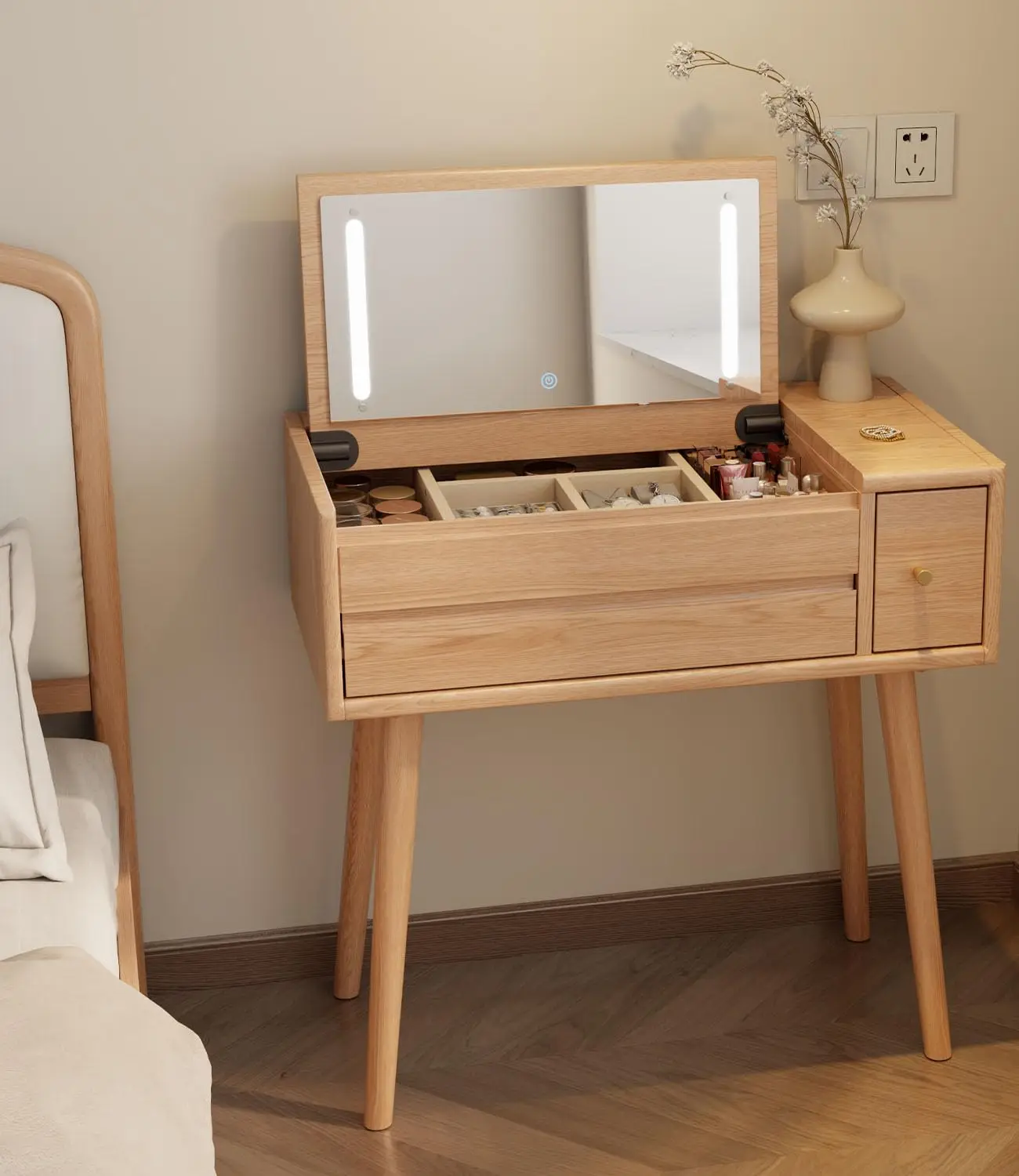 Wood Vanity Desk with Mirror and Lights, Dressing Table Set 4 Drawers, 32 Inch Large Make Up Table