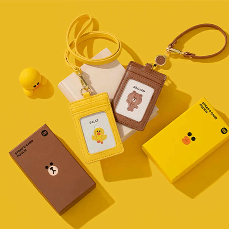 Line Friends Original Anime Leather Card Holder Sleeve with Lanyard Kawaii Cartoon Brown Sally Bus Access ID Card Case Bag Gifts