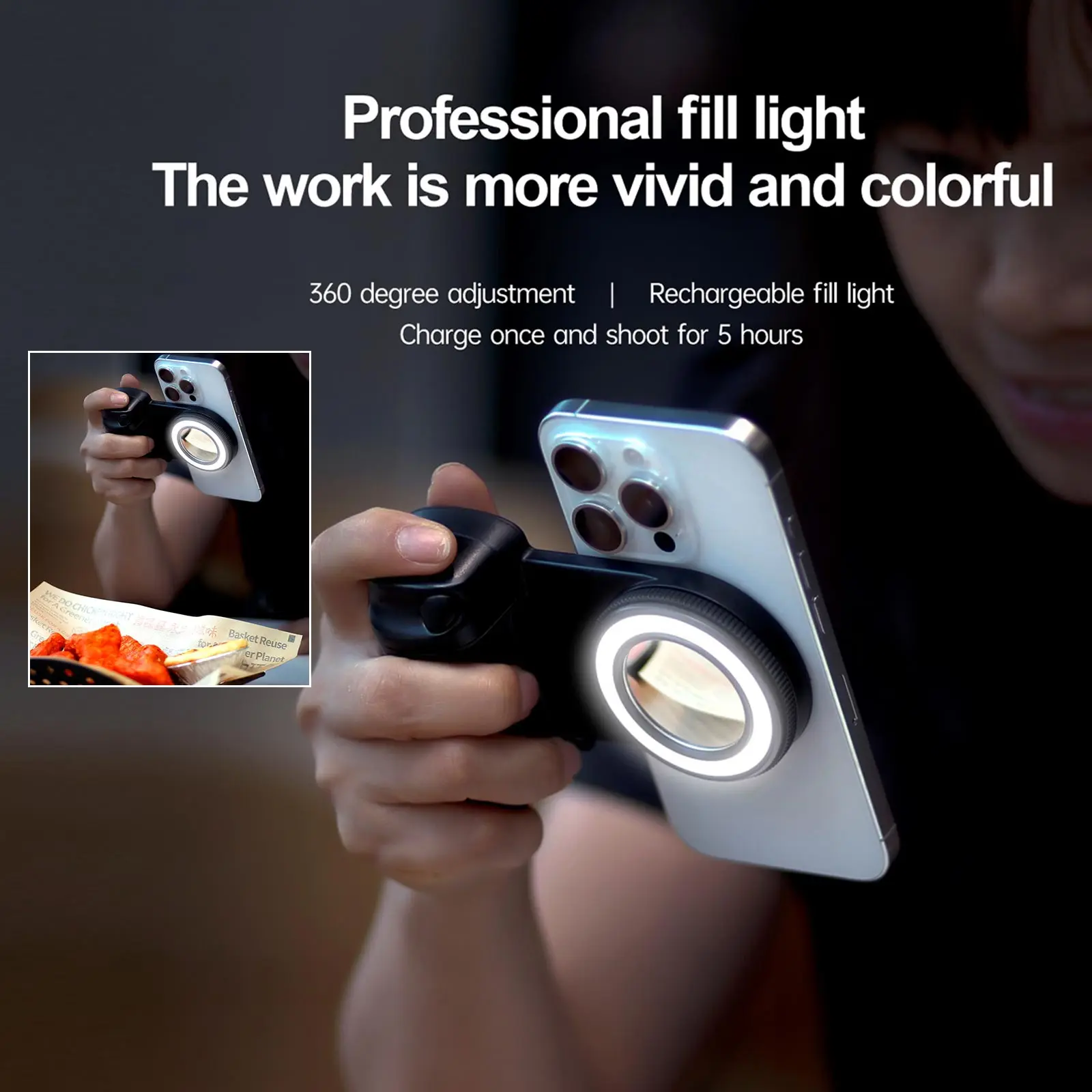 Magnetic Phone CapGrip w/ Fill Light Lamp Hand Grip Handheld Selfie Booster w/ Bluetooth Remote Control Shutter for ios Android