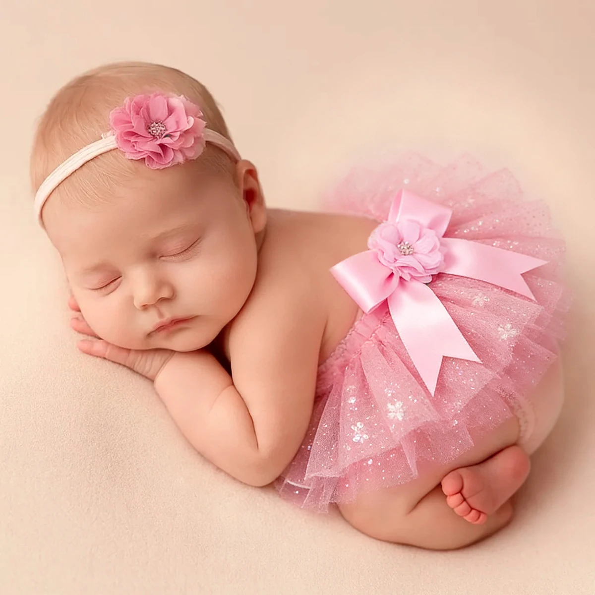 

Комплект из 2 предметов: платье для фотосессии новорожденной принцессы, многослойная юбка из фатина с блестящим атласным бантом, цветочная повязка на голову, наряд для фотосессии малышки