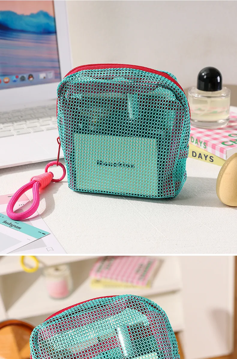 Netzbeutel in Dopamin-Farben, Tragbare Reise-Aufbewahrungstasche für Ladekabel und Toilettenartikel, Mini-Netz-Kosmetiktasche, Schlüsselbeutel, Kartenetui – Detail 15