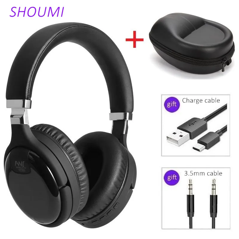 Shoumi Active Noise Cancelling Headphone Wireless Bluetooth Bass Earphon ANC Headset with Mic Helmet Waterproof Case Storage Bag