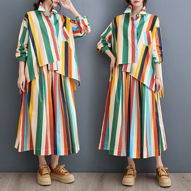 Autumn New Fashion Casual Women\'s Skirt Sets Striped Irregular Long Sleeve Shirt Long Skirt Two Piece Set Women Spring 2024