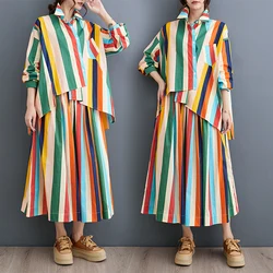 Autumn New Fashion Casual Women's Skirt Sets Striped Irregular Long Sleeve Shirt Long Skirt Two Piece Set Women Spring 2024