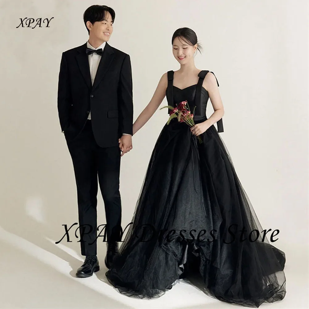 

XPAY Simple Black High Low Korea Wedding Dresses Sweetheart Wide Straps Draped Tulle Customized A Line Bride Gowns Photos Shoot