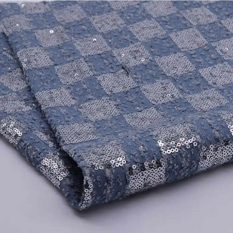 Glitzer Schachbrett Denim Stoff mit Pailletten bestickten Perlen gewaschen hochwertige Materialien für Kleid Rock Tasche Kleidungs stück DIY