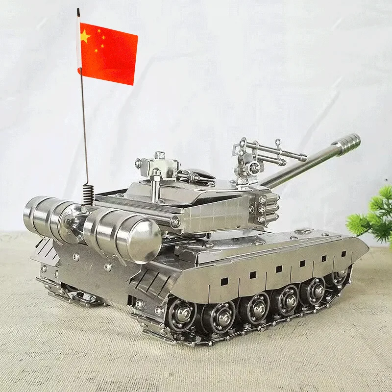 Stainless Steel Movable Tank Model with LED Lights, Hand-Tracked, Ornament, Home Desktop Decoration, Crafts, SMG Tank, Children