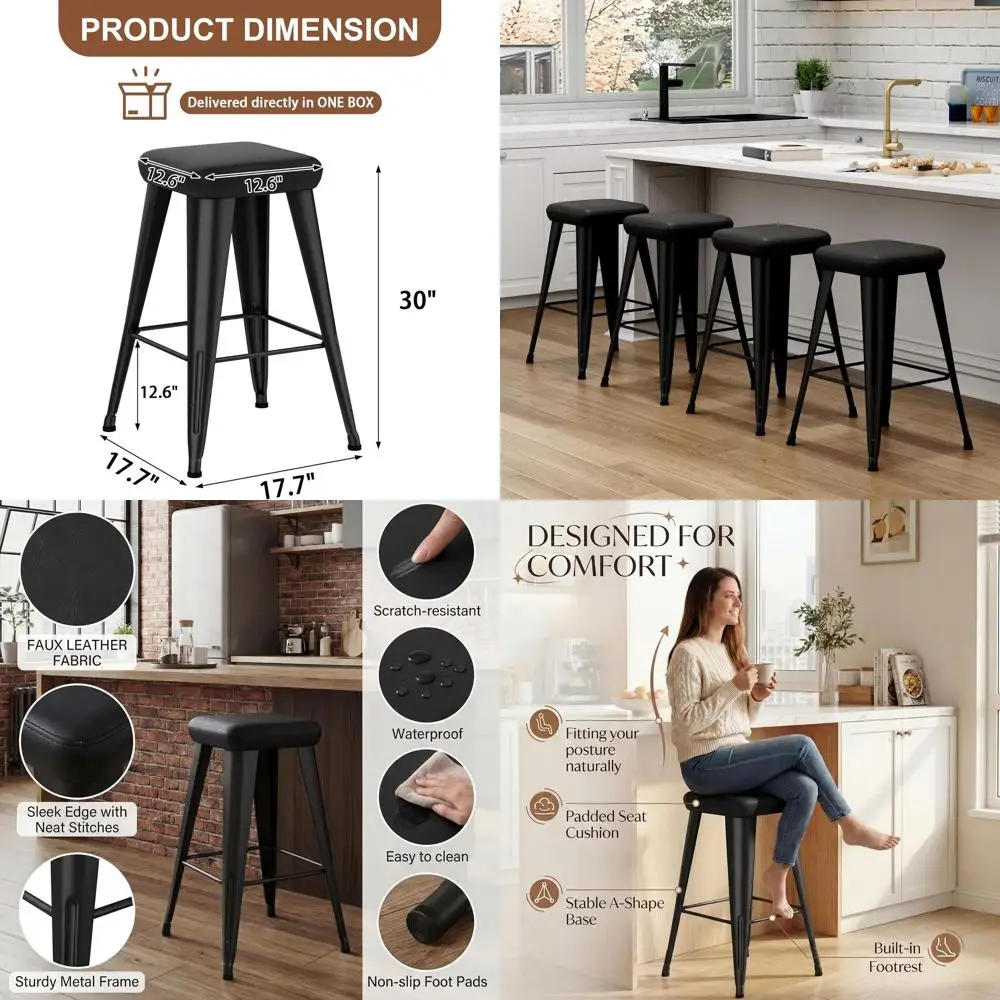 

Set of 4 30 High Back Bar Stools with Metal Legs and Upholstered PU Leather for Modern Kitchen