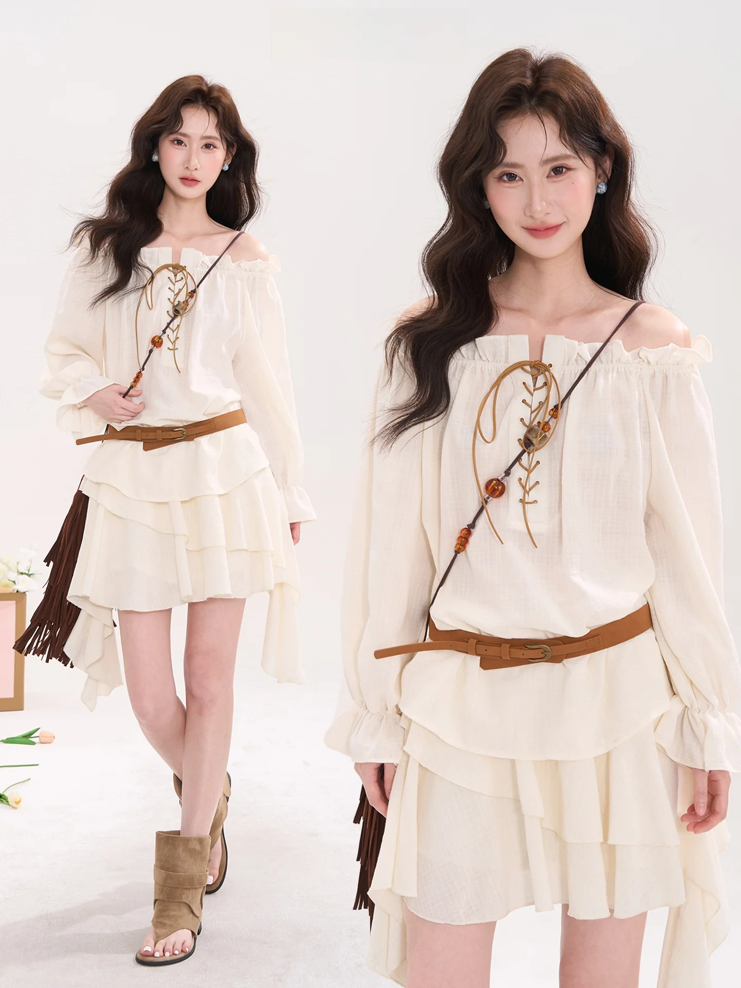 

Seine River Holiday Sle One-oulder Ruffle Hem irt And ort Skirt Two-Piece Set Floral Field Window Heme Spring Faion...