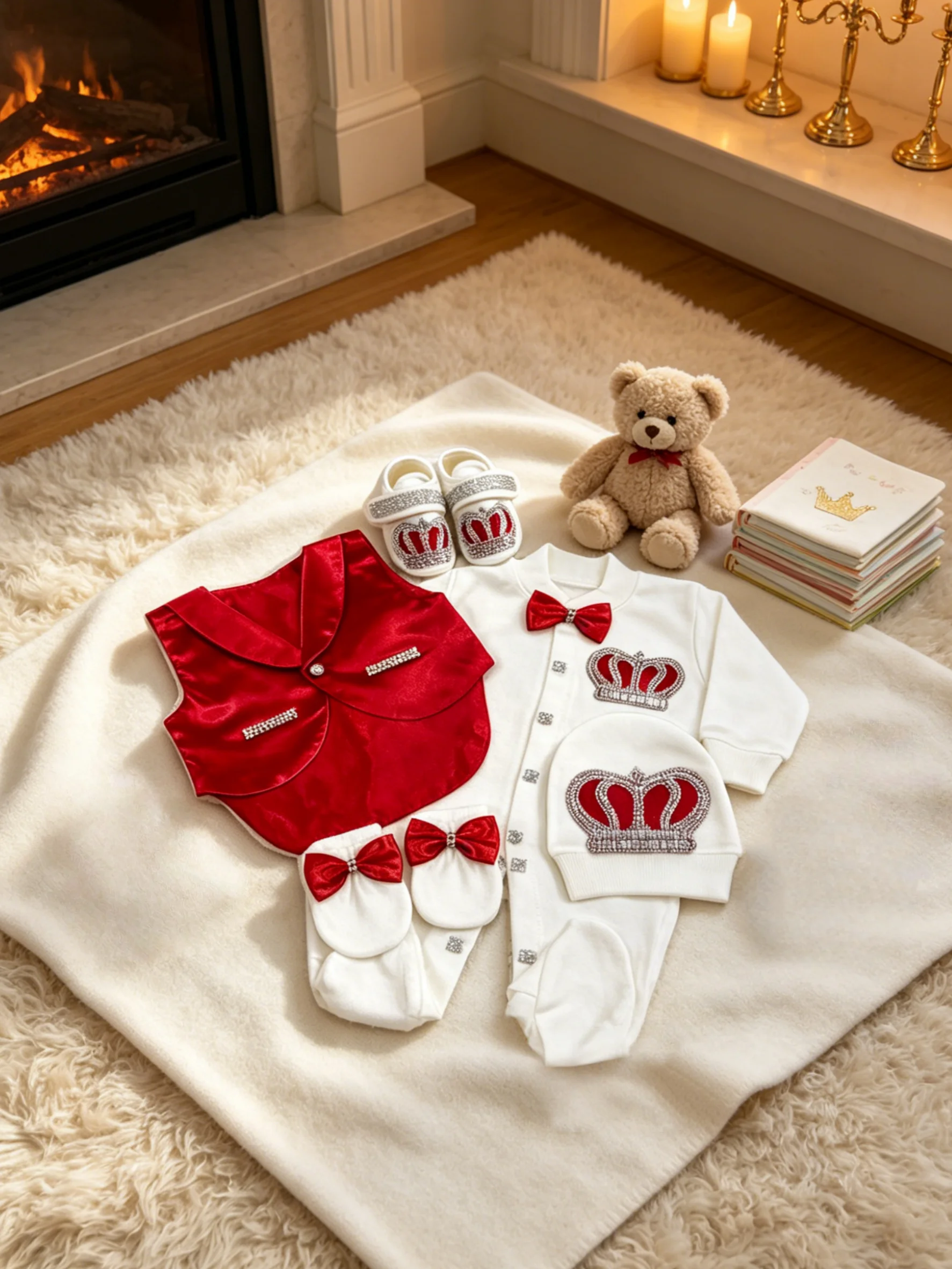 Bright Red Satin Vest Rhinestone Crown Baby Formal Suit 0-9 Months 5Pcs White Footed Romper Baptism Gift