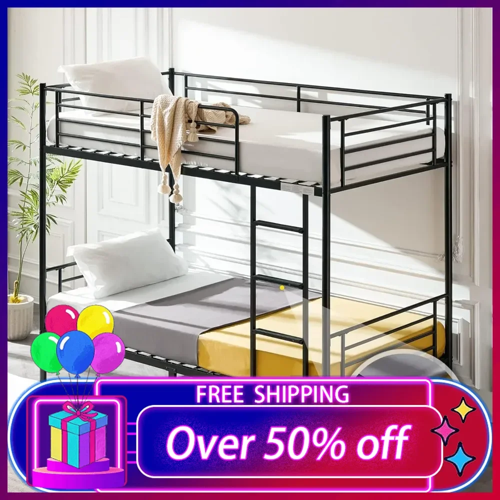 Bunk Bed Twin Over Twin for Kids, Teens & Adults Bunk Bed with Stairs & Flat Rungs, Heavy Duty Metal Slats, No Box Spring Needed