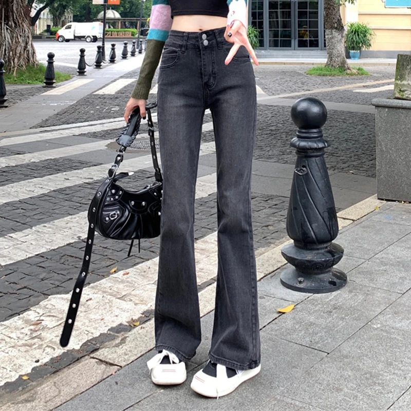 

Simple All-Match Black Gray Micro Flared Jeans Women American Spicy Girl High Waist Slmming Denim Pants Streetwear Button Pants