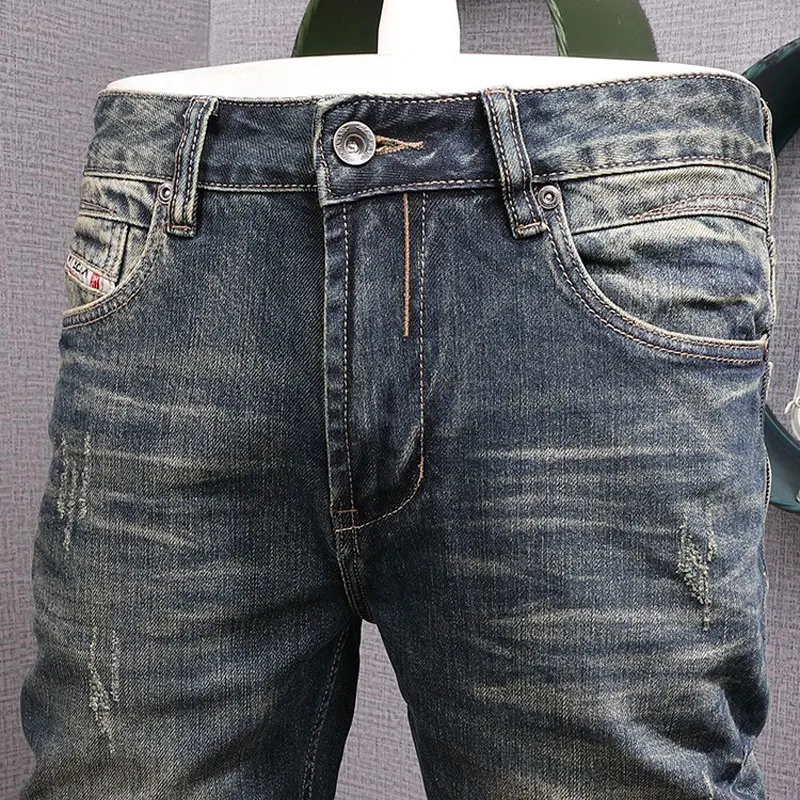 Calça jeans azul retrô lavada masculina, elástica, slim fit, rasgada, vintage, casual, calça jeans, novo estilista de moda, alta qualidade