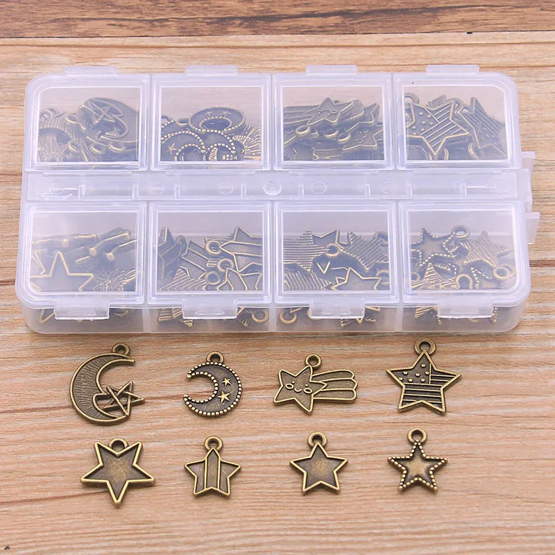 

1 комплект, 80 шт./лот, 2 цвета, 8 стилей, натуральный шарм, подвеска в виде луны и звезды, комплект с коробкой, материал для изготовления ювелирных изделий своими руками, ожерелья, браслета
