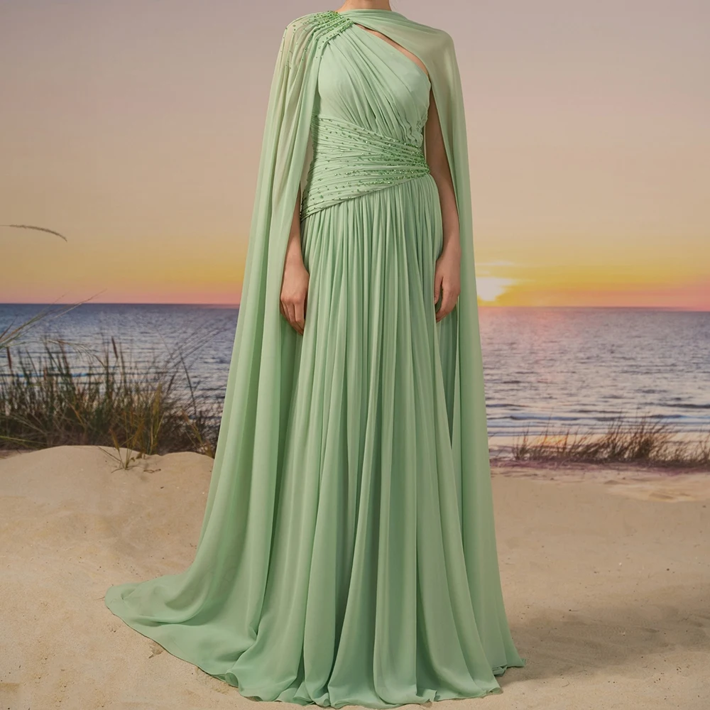 

Customized A-line Evening Dresses One-shoulder Sleeveless Prom Gown Fashion Crystal Stole Simple Pleat Backless Party Gown