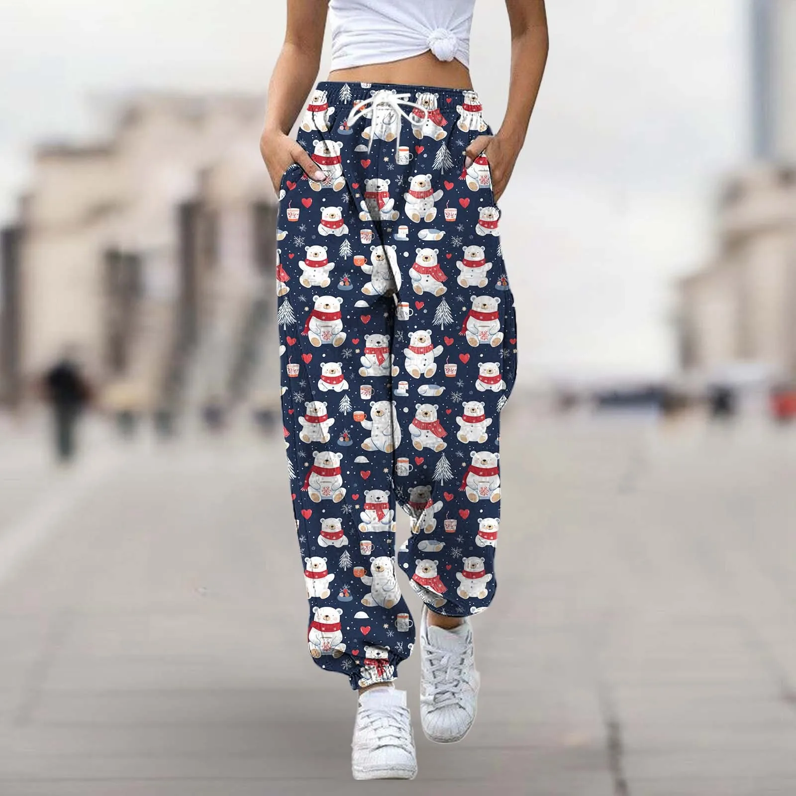 

Women's Autumn And Winter Christmas Printed High Waisted Casual Trousers Straight Wide Leg Pants Fashion Loose Sweatpants