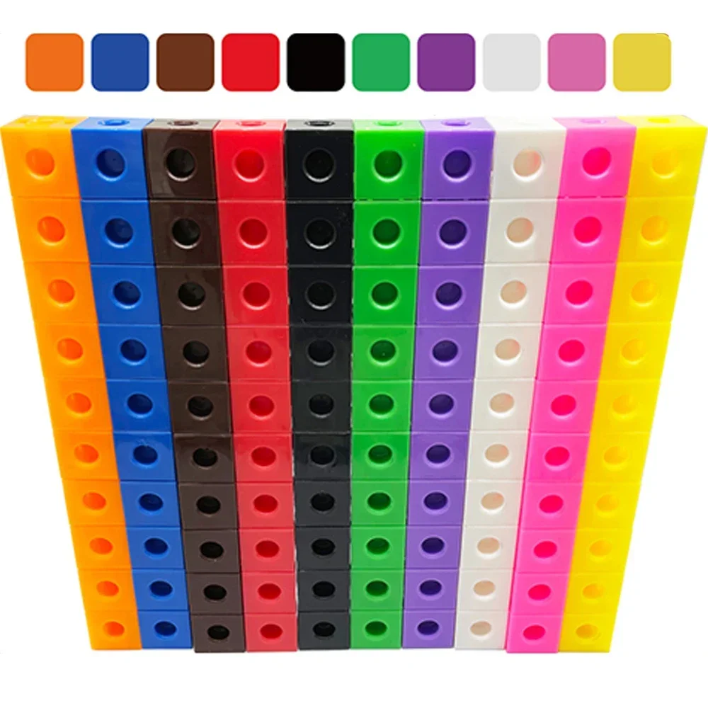100pcs DIY Cubes Montessori Math 3D Puzzle Toy 10 Color Rainbow Link Cube Snap Block Stacking Game Assembly Set for Children