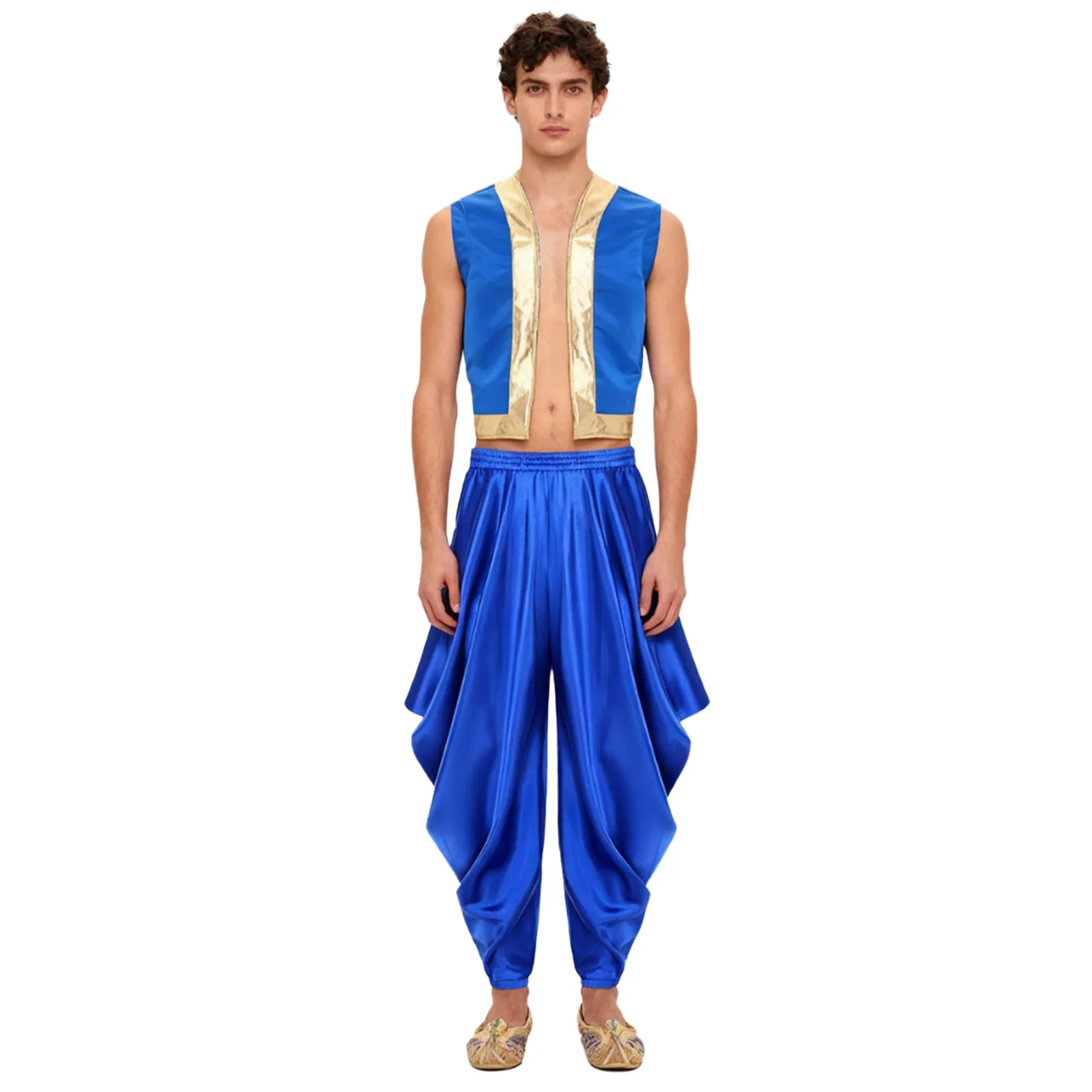 

Men Halloween Arab Indian Prince Cosplay Costume Metallic Shiny Trim Vest And Loose Harem Pants Suit for Themed Party Carnival