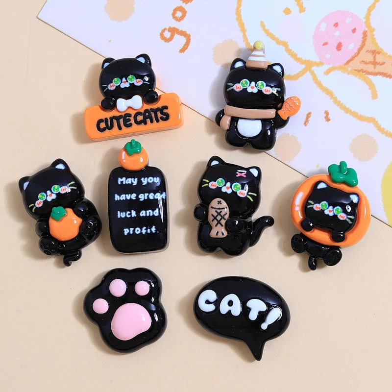 10Pcs New Cute Cartoon Black Cat Series Flat Back Ornament Jewelry Bows Accessories