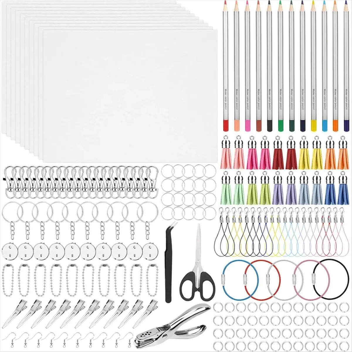 Budget-Friendly-Shrinky Plastic Sheets Keychain Kit, Shrinky Paper, Colored Pencils, Tassels,Keychains,Hair Clips,Hole Punch for
