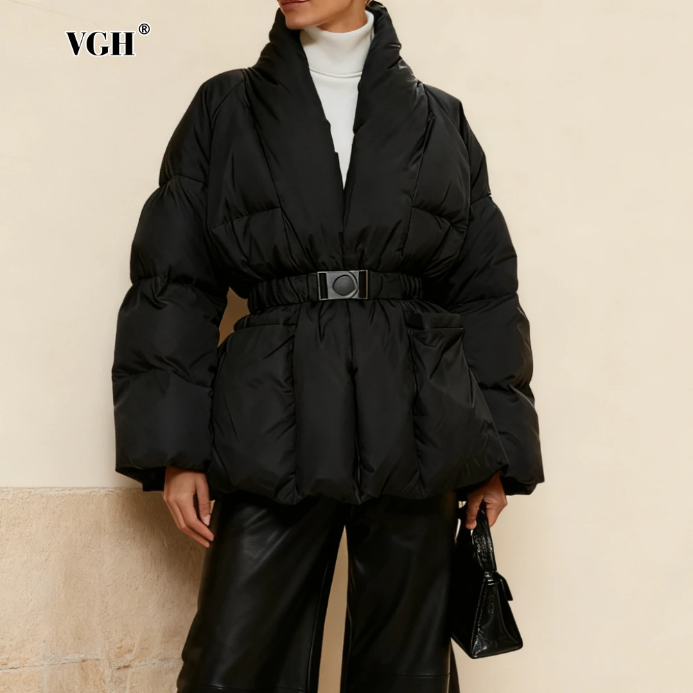 

VGH однотонные модные пуховые пальто для женщин с воротником-стойкой и длинным рукавом, тонкие лоскутные эластичные пояса, повседневная базовая куртка женская