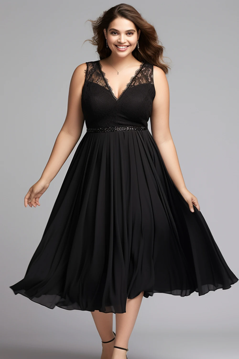 

Flycurvy Plus Size Wedding Guest Black Chiffon Sleeveless Empire Waist Tea-Length Dress