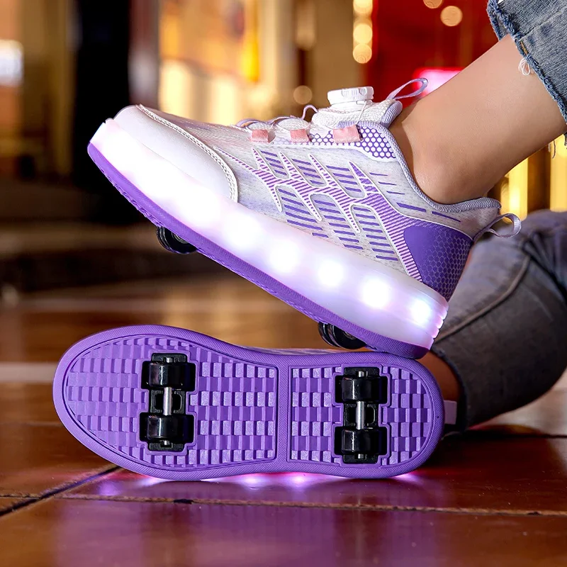 

2026 Children's Walking Shoes Girls New Rotary Buckle Flash Light Boy Student Four Wheel Roller Shoes Can Walk And Slide