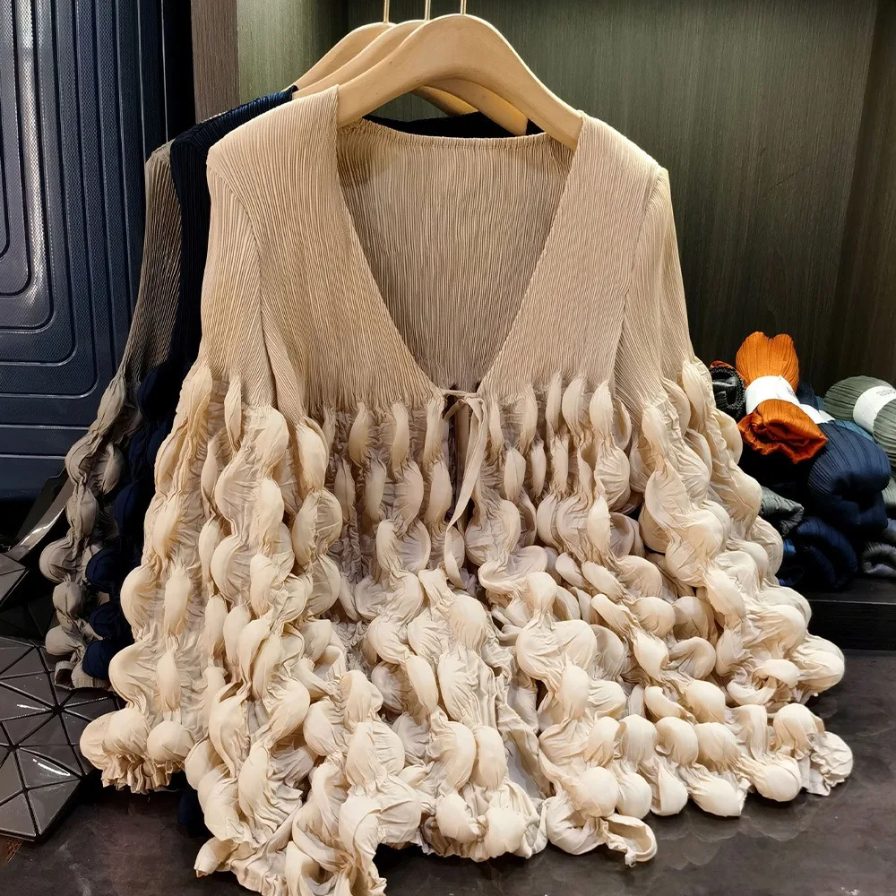 

Модный дизайн, плиссированный топ с пузырьками, темперамент для поездок на работу, простая многофункциональная куртка-кардиган на шнуровке