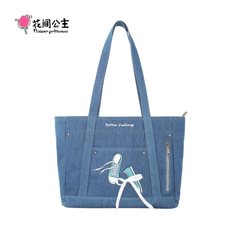 Bolsa de ombro feminina de tecido denim, sapatos de princesa flor, sacola de grife, bolsas grandes, moda feminina, tendência feminina, 2024