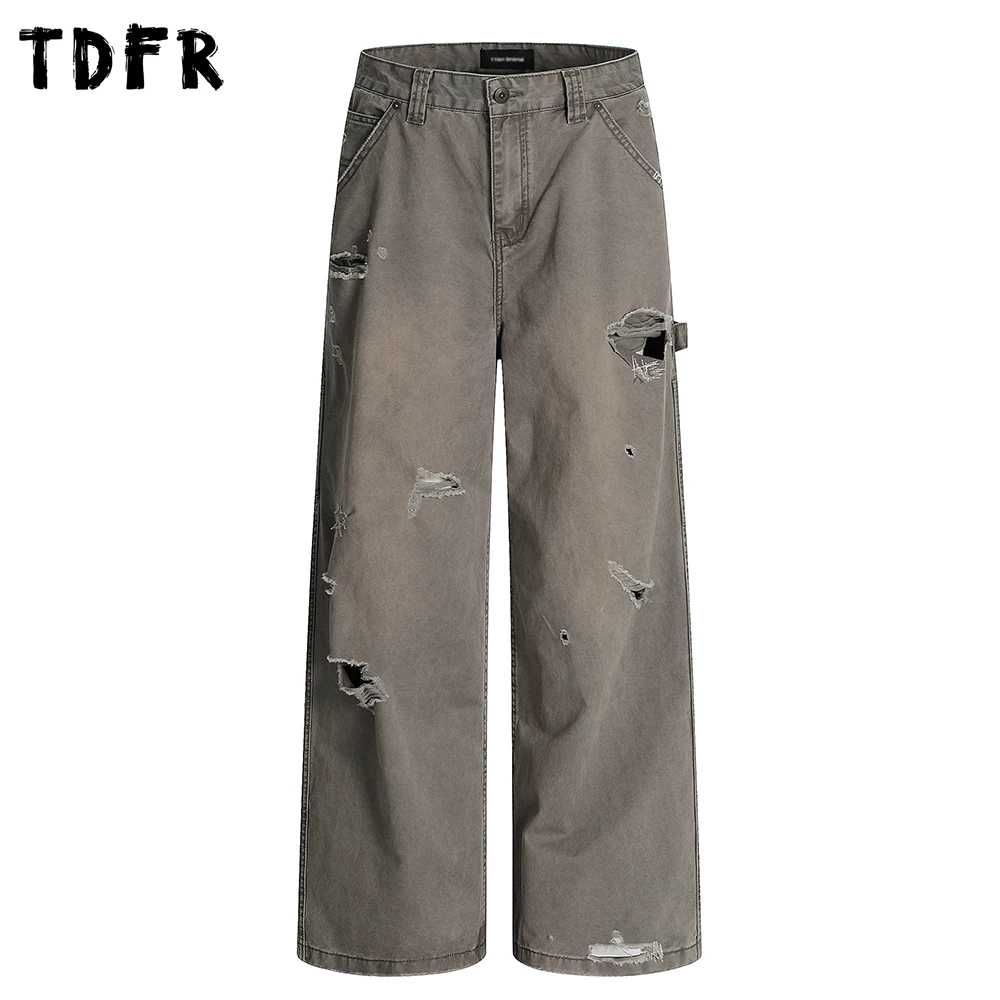

Retro Ripped Cargo Jeans Mens Streetwear Washed Distressed Loose Straight Wide Leg Denim Carpenter pant Men