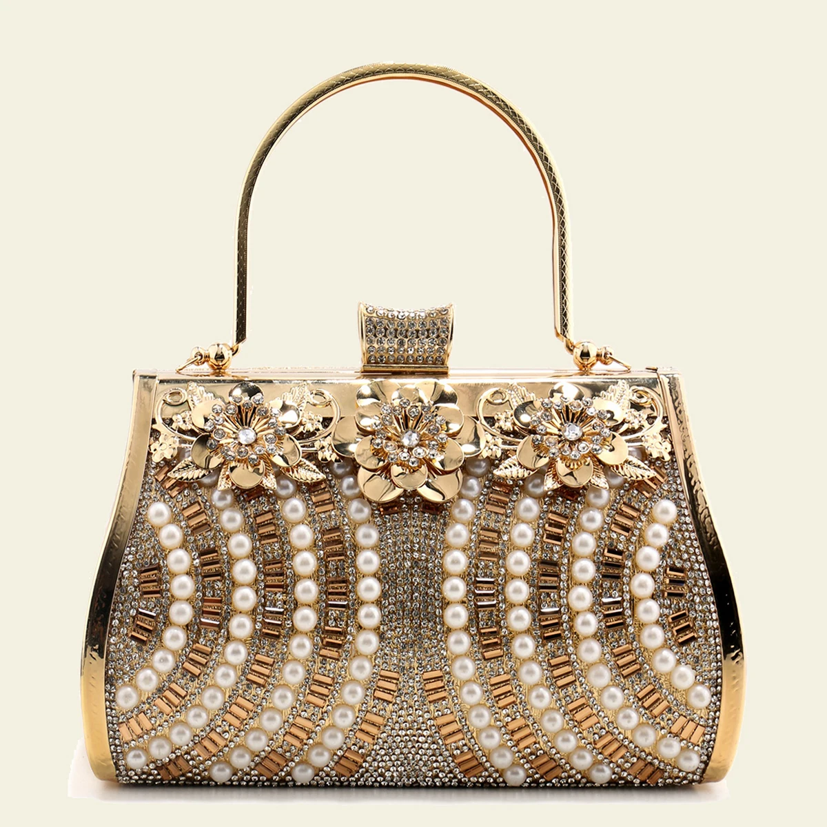 

Bucket Women Clutch Handle Handbags Glitter Rhinestones Box Holder Golden Color Flower Ladies Elegant New Arrival Acrylic Purse