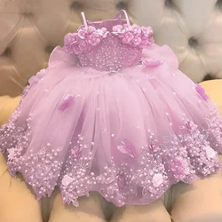 Customized Baby Girl Dress Birthday Party Off Shoulder Pearls Lace Butterflies Infant First Communion Gown Flower Girl Dresses