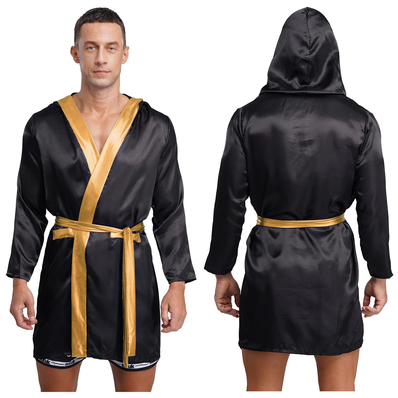 Mannen Halloween Carnaval Boxer Cosplay Kostuum Lange Mouw Open Voorzijde Metallic Glanzend Satijn Boksgewaad Kapmantel met Riem - afbeelding 2