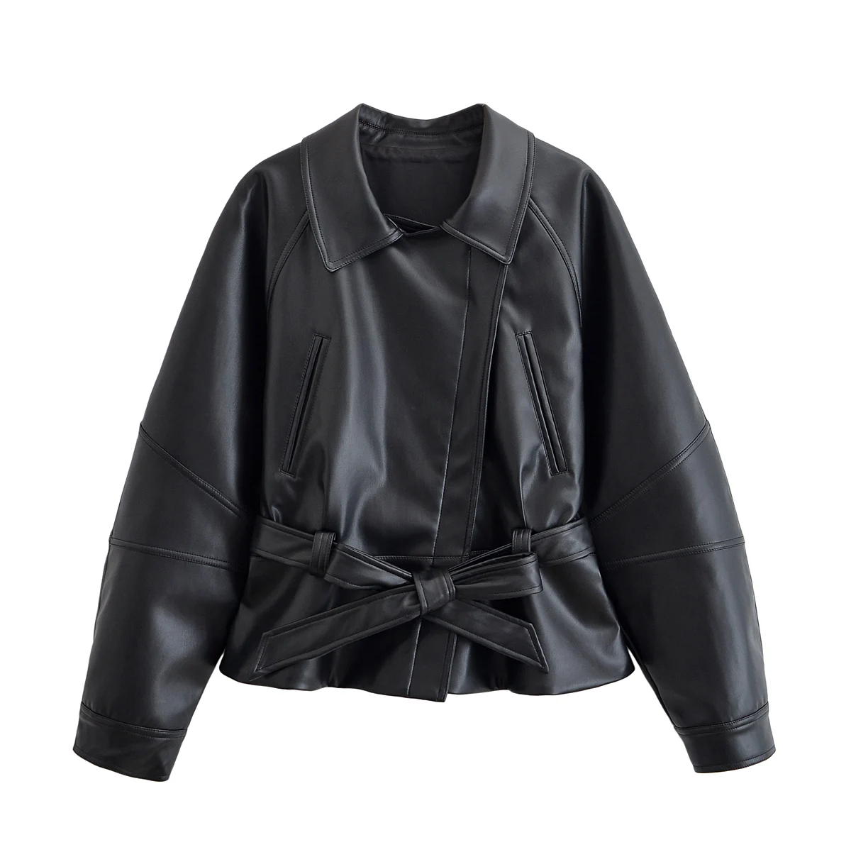 HH Damesmode Zwarte Korte Kunstleer Trenchcoat Lange Mouw Revers Jas Met Riem Vintage Dame Motorjas Uitloper