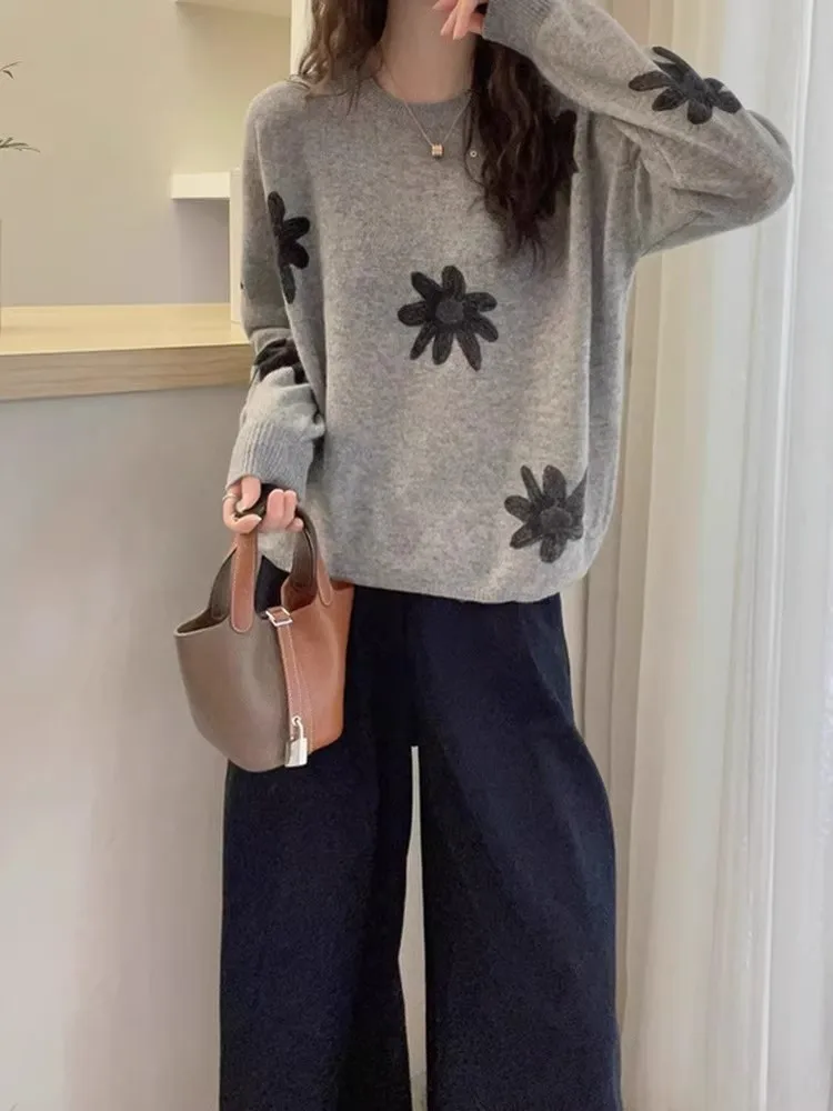 

ay Круглый трикотаж с цветочным принтом Ne, женский свободный удобный длинный топ све для осеннего сезона, универсальная повседневная одежда Sli