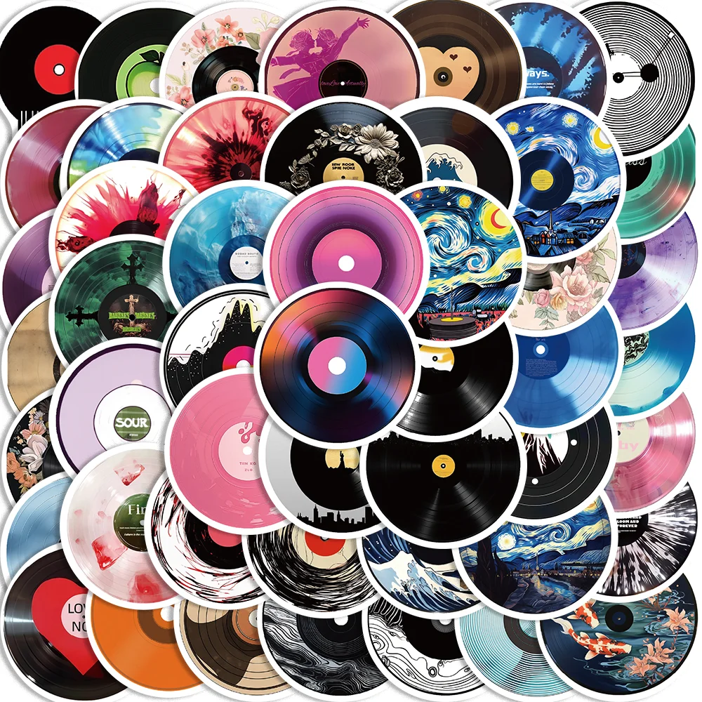 50pcs Cartoon Funny Vinyl Record CD Stickers for Envelope Diary Phone Case Suitecase Guitar iPad Cartoon Waterproof Decoration